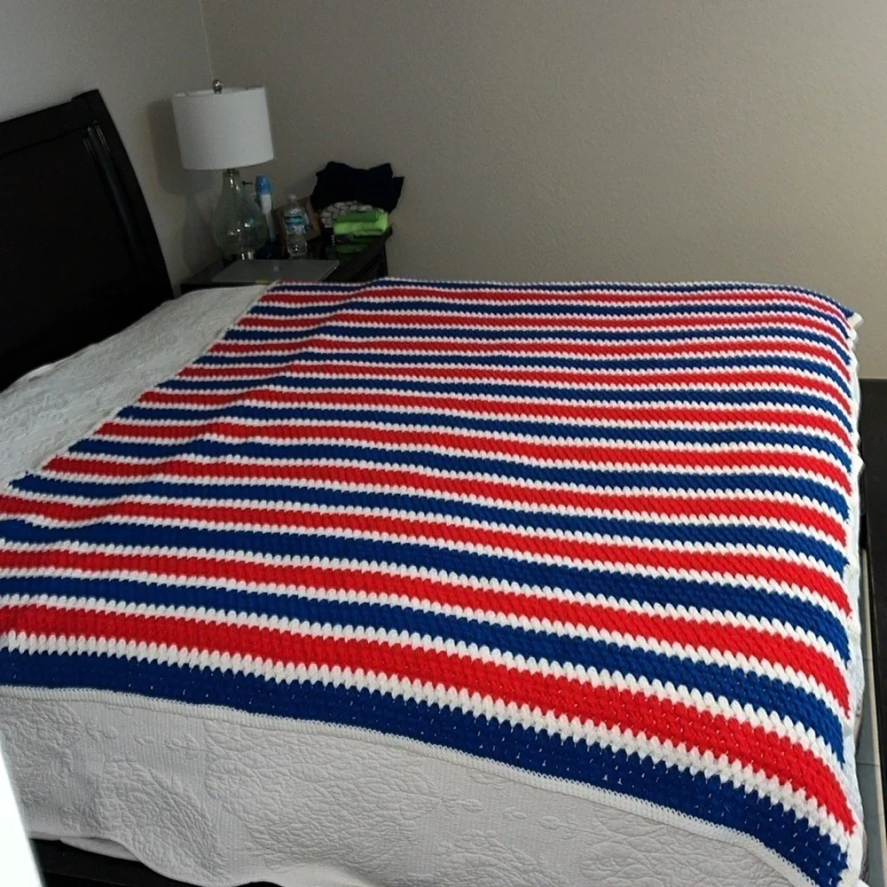 Handmade Patriotic Crochet Afghan Red White Blue Blanket 79”X 66”